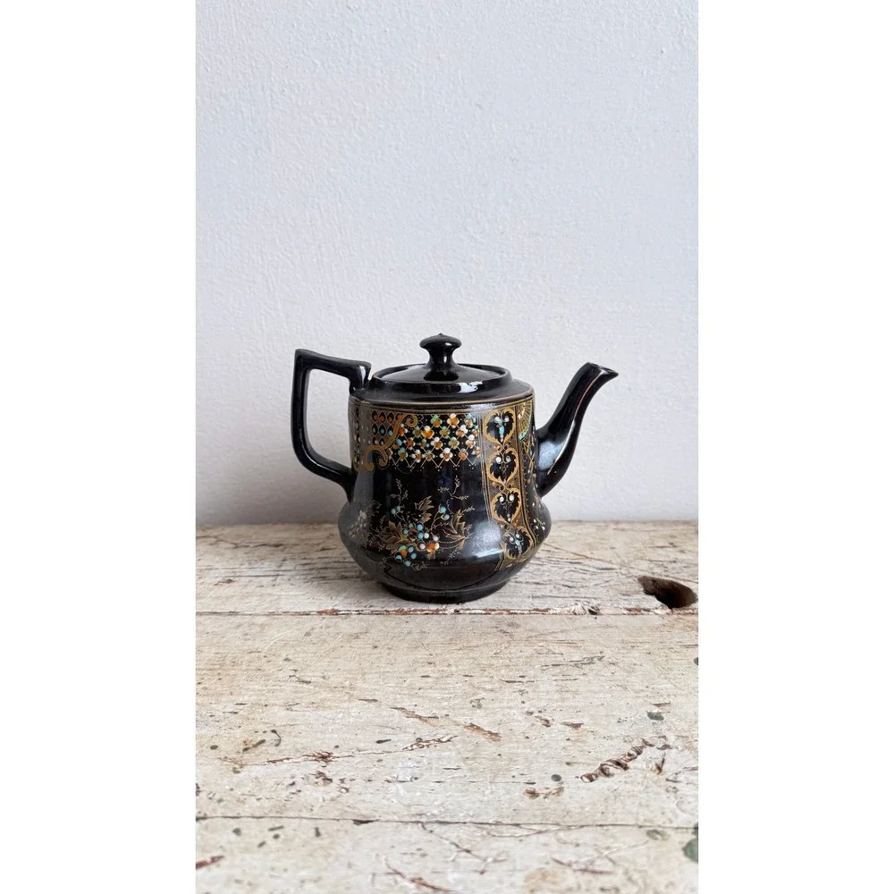 Vintage Price Bros England M&M No 8 Black Moriage Floral Teapot Gold Gilt CSGC